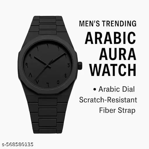 Black Arabic dial quartz watch for men by WhirlBD, featuring 3ATM waterproof design and a sleek, stylish wrist watch appearance.