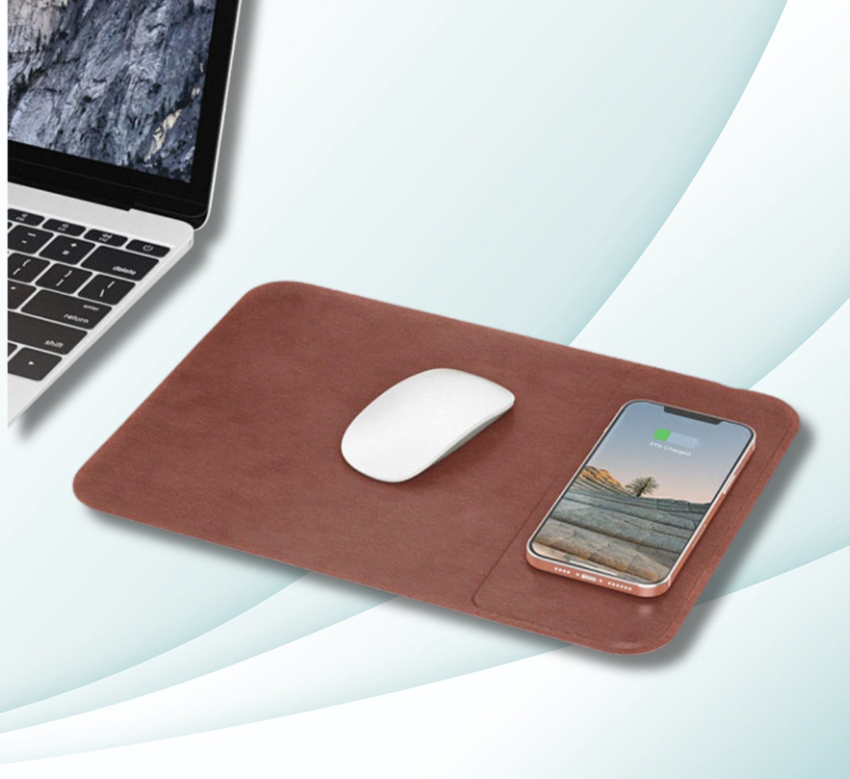 Wireless charger mouse pad with phone stand by WhirlBD, featuring 15W fast charging and a smooth surface for everyday use.