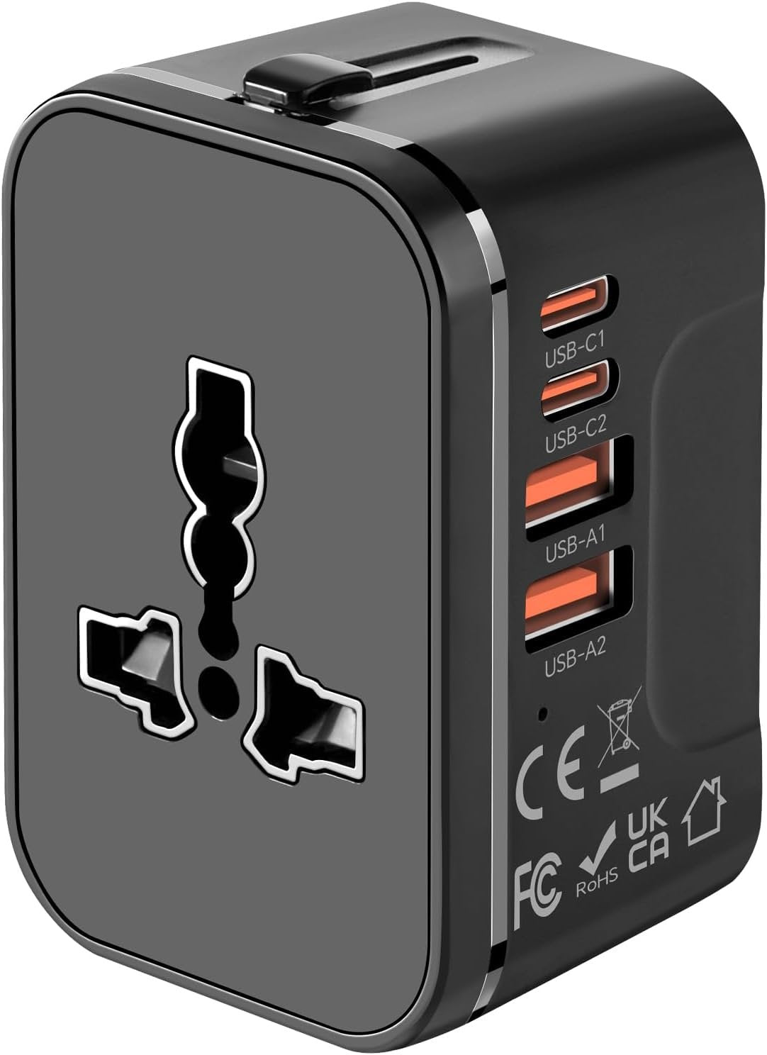 Universal travel adapter by WhirlBD with multiple plug options for worldwide use, compact design suitable for international travel.