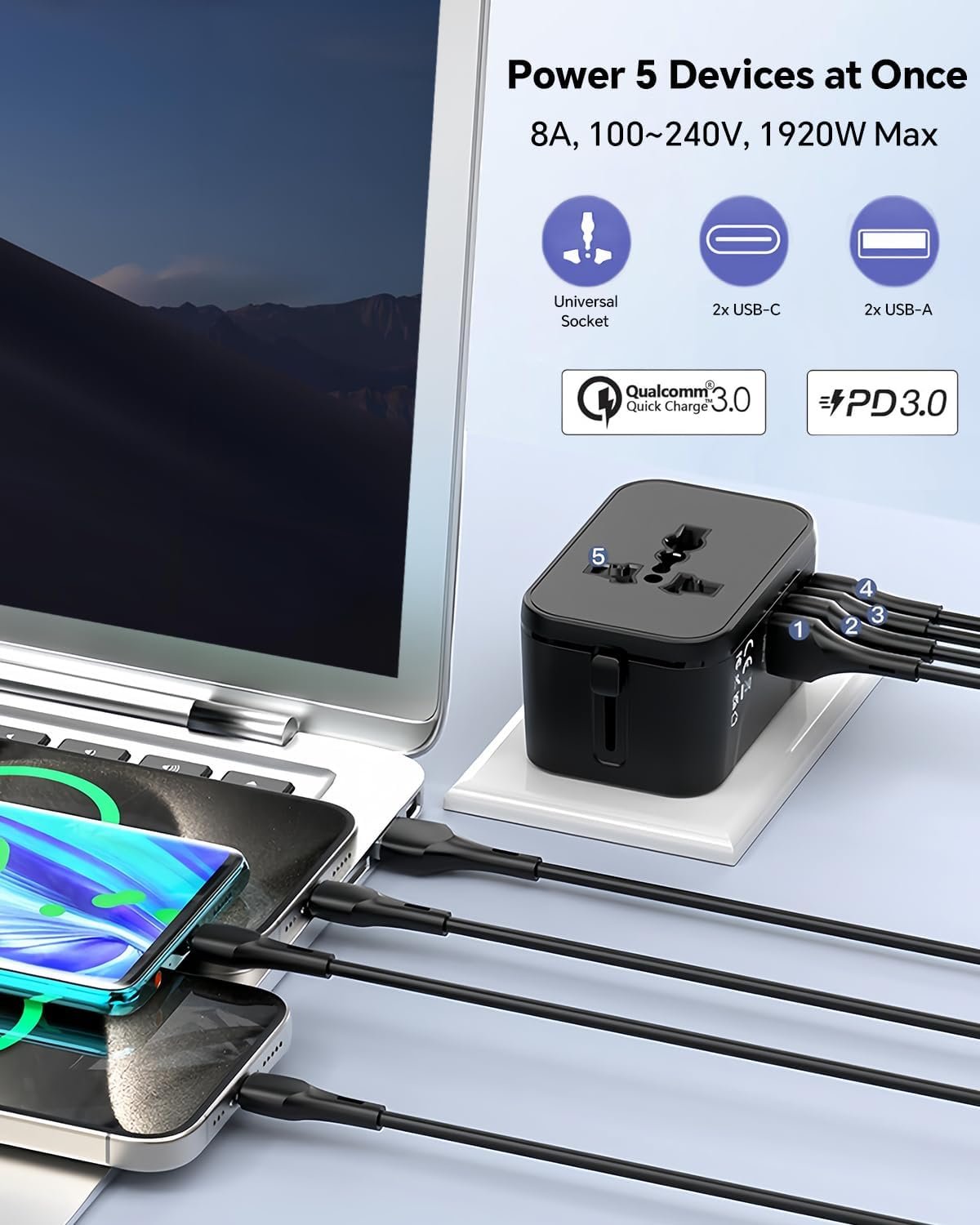 WhirlBD universal travel adapter with multiple plug types for worldwide use, compact design, and safety features for global travel.