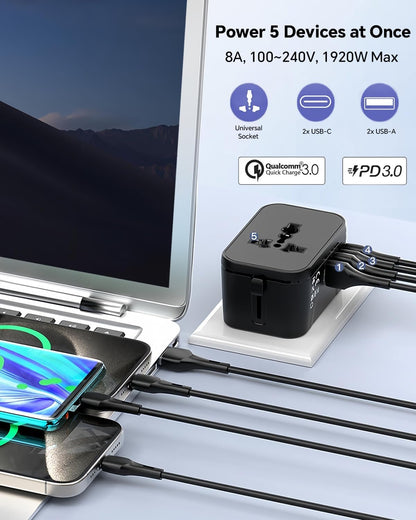 WhirlBD universal travel adapter with multiple plug types for worldwide use, compact design, and safety features for global travel.