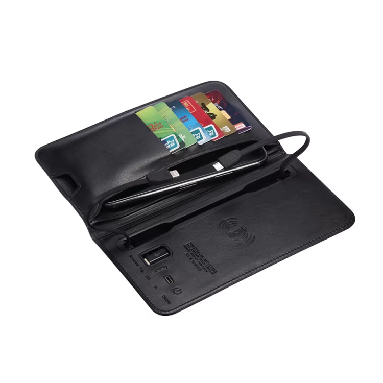 WhirlBD PU leather wallet with integrated wireless power bank, multifunctional card holder, compact and stylish accessory.
