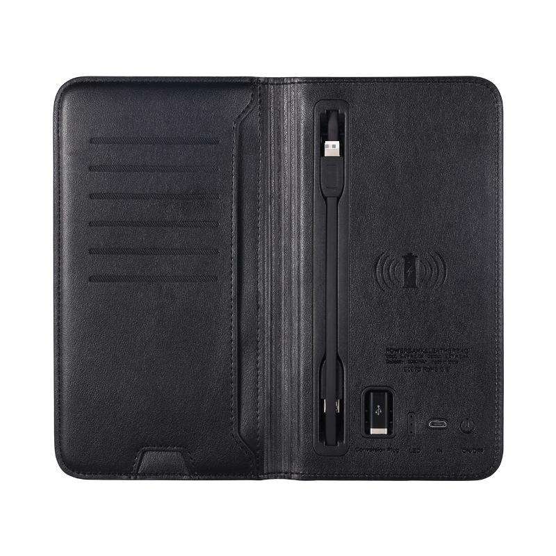 WhirlBD PU leather wallet with integrated wireless power bank and card holder, featuring multiple card slots and sleek design