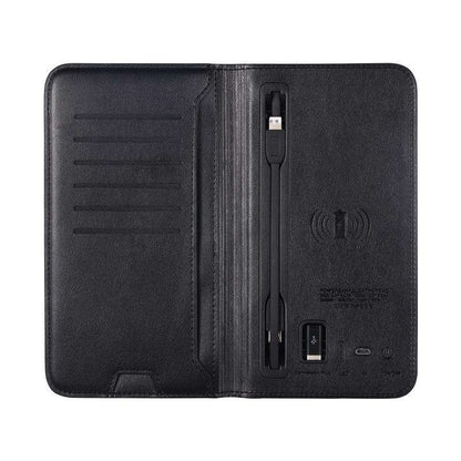 WhirlBD PU leather wallet with integrated wireless power bank and card holder, featuring multiple card slots and sleek design