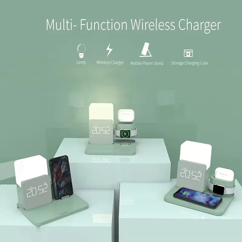 WhirlBD 6-in-1 wireless charger with LED light and clock, showing multiple device charging stations on a modern smart home station.