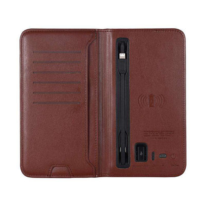 WhirlBD PU leather wallet with integrated wireless power bank, multifunctional card holder for convenient mobile charging and storage.