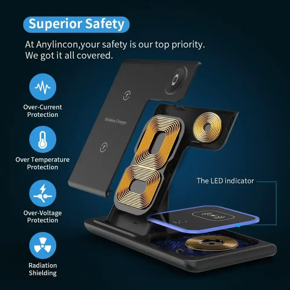 WhirlBD 3-in-1 wireless charger with phone stand, capable of charging smartphone, smartwatch, and wireless earbuds simultaneously.
