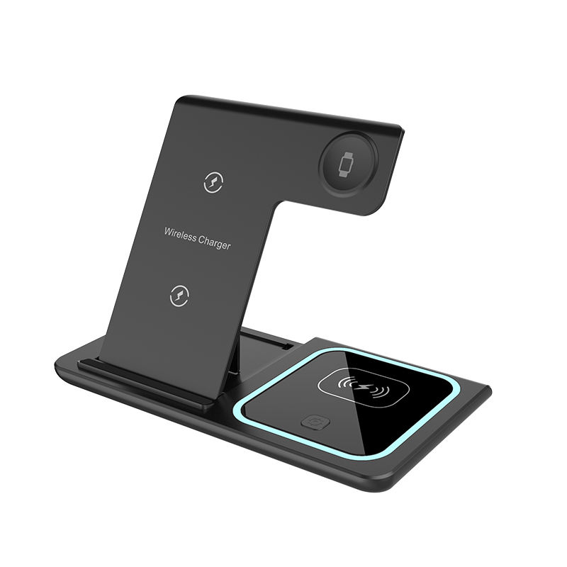 WhirlBD 3-in-1 wireless charger with multifunction phone stand, charging pad, and device holder on a sleek surface