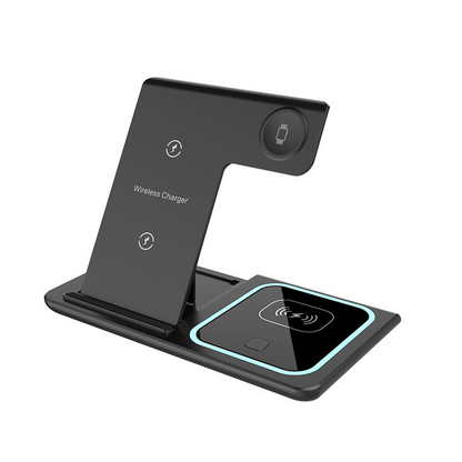 WhirlBD 3-in-1 wireless charger with multifunction phone stand, charging pad, and device holder on a sleek surface