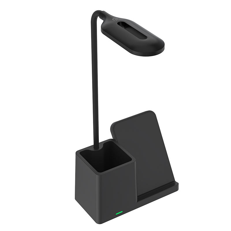 WhirlBD 15W wireless charger with pen holder and desk lamp, shown on a modern workspace with iPhone charging.