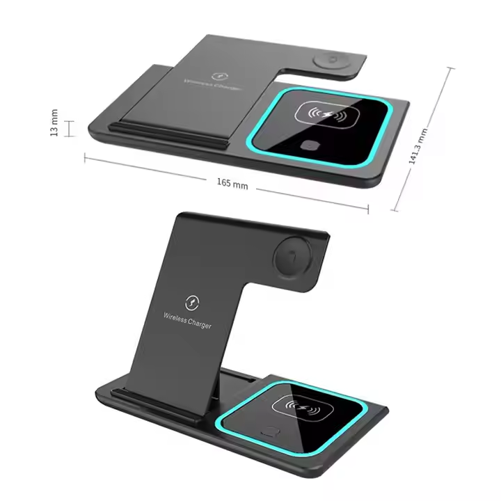 WhirlBD 3-in-1 wireless charger with phone stand, capable of charging smartphones, earbuds, and smartwatch simultaneously