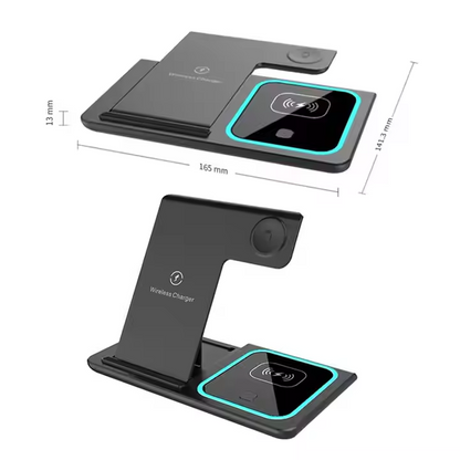 WhirlBD 3-in-1 wireless charger with phone stand, capable of charging smartphones, earbuds, and smartwatch simultaneously
