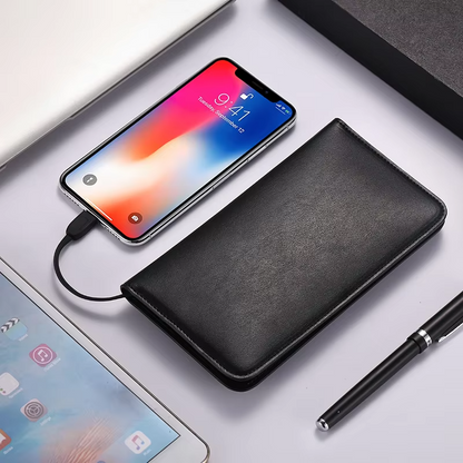 WhirlBD PU leather wallet with wireless power bank and card holder, showcasing compact design and multiple storage compartments.