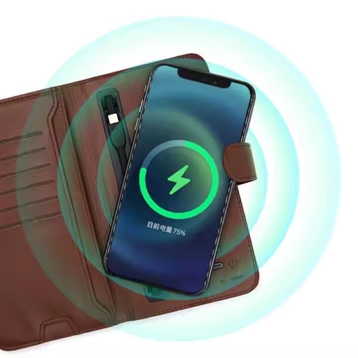 WhirlBD PU leather wallet with built-in wireless power bank and card holder, compact multifunctional accessory.