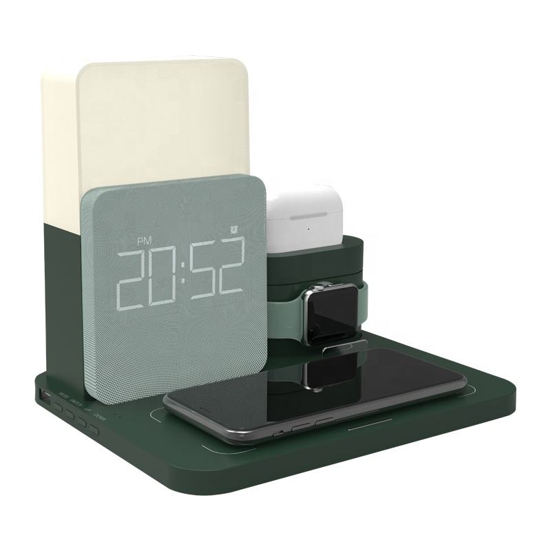 WhirlBD 6-in-1 wireless charger with LED light and clock, showing a sleek smart home station with charging pads and digital display.