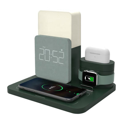 WhirlBD 6-in-1 wireless charger with LED light and clock, featuring smart home station with multiple charging ports and modern design