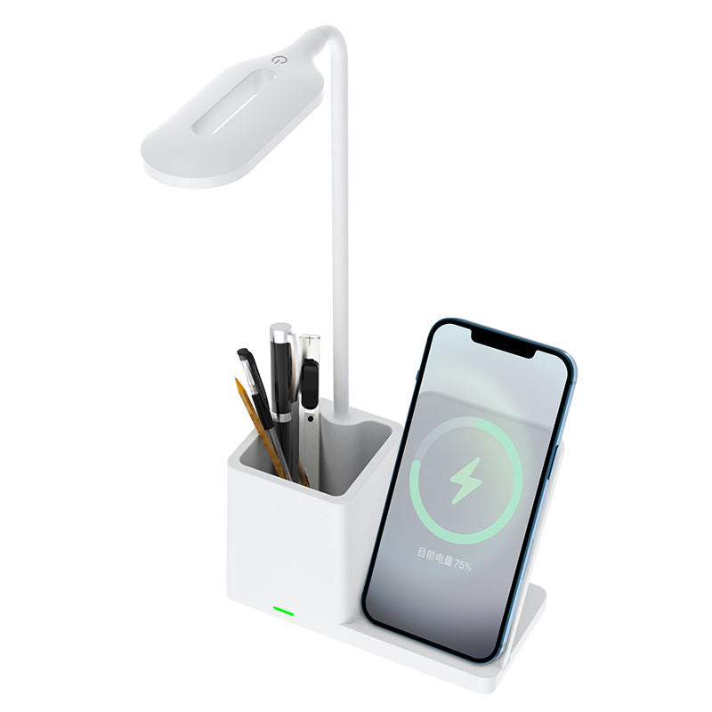 WhirlBD 15W wireless charger with pen holder and desk lamp for iPhone, showing sleek design and charging area on a modern desk.