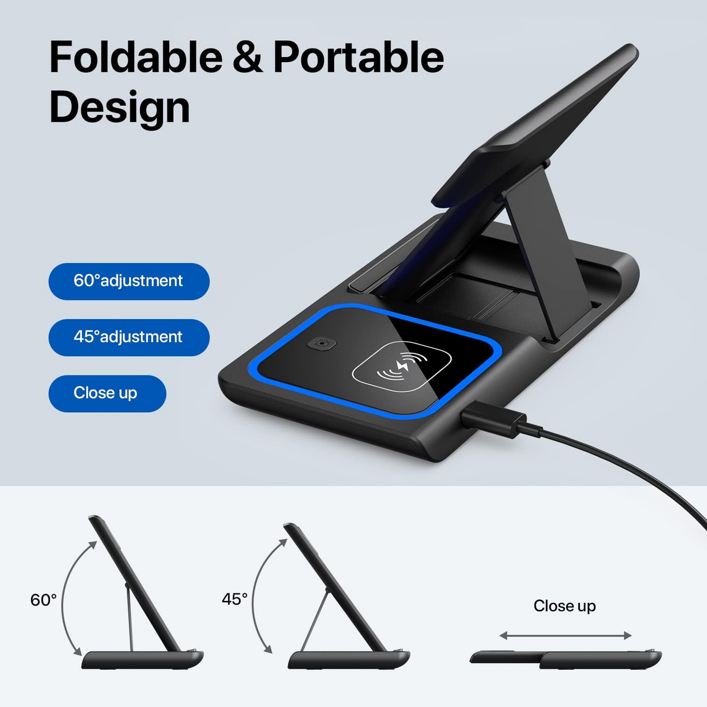 WhirlBD 3-in-1 wireless charger with phone stand, supporting simultaneous charging for phone, smartwatch, and wireless earbuds.