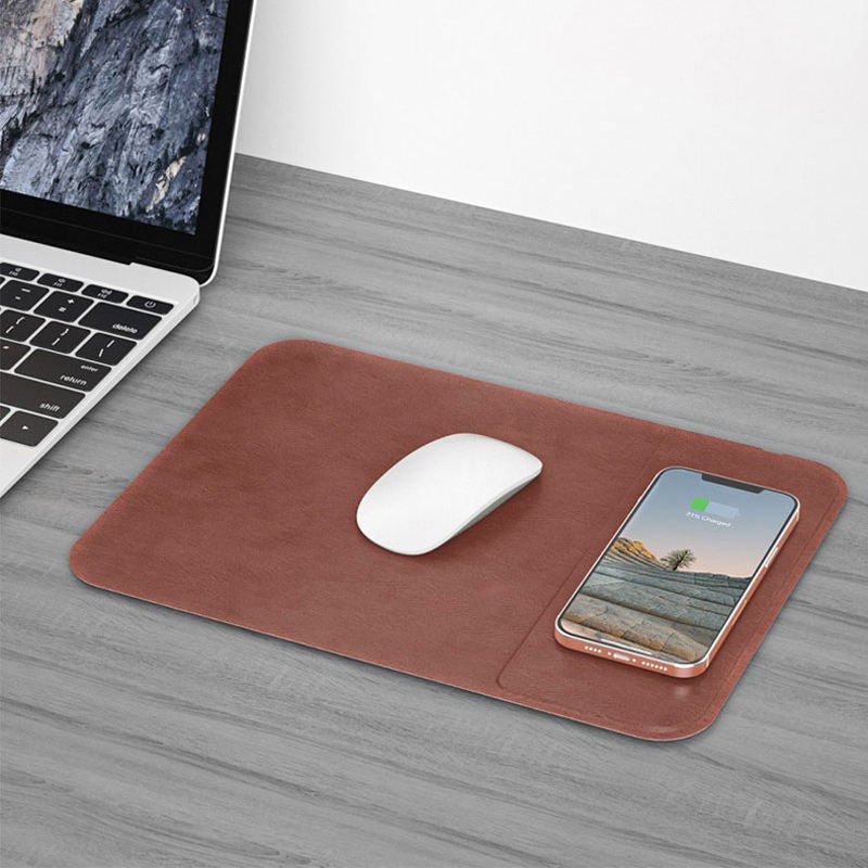 WhirlBD 15W wireless charger mouse pad with phone stand, featuring smooth surface and integrated charging area for smartphones.