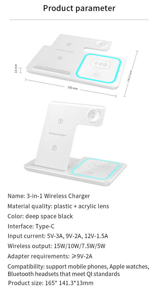 WhirlBD 3-in-1 wireless charger and phone stand showing charging for smartphone, smartwatch, and wireless earbuds.