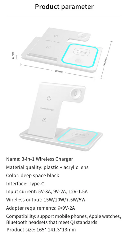 WhirlBD 3-in-1 wireless charger and phone stand showing charging for smartphone, smartwatch, and wireless earbuds.
