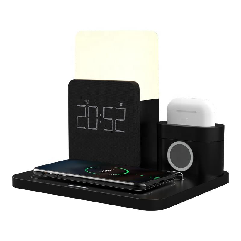 WhirlBD 6-in-1 wireless charger with LED light and clock, featuring a sleek smart home station for charging multiple devices.