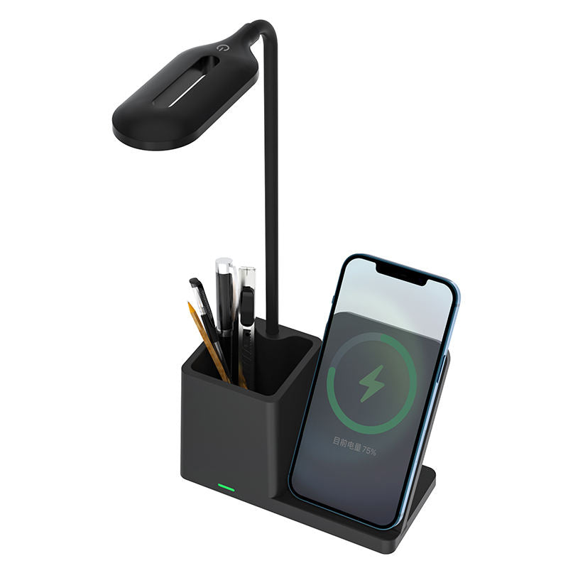 WhirlBD 15W wireless charger with pen holder and desk lamp, designed for iPhone, featuring a sleek modern look and functional design.