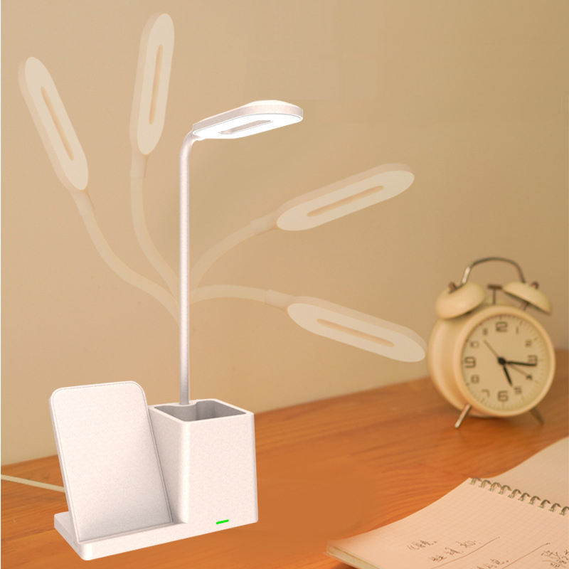 WhirlBD 15W wireless charger with pen holder and desk lamp for iPhone, featuring sleek design and multifunctional desk accessory.