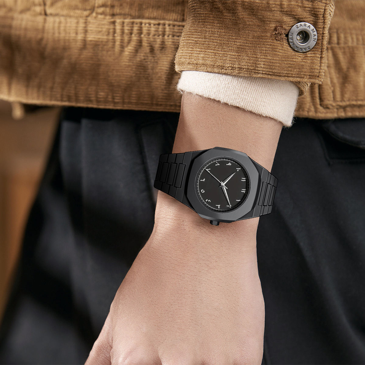 Black Arabic dial quartz men's wristwatch by WhirlBD with 3ATM waterproof feature and sleek design.