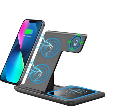 WhirlBD 3-in-1 wireless charger with phone stand, supports fast charging for smartphones, smartwatch, and wireless earbuds.
