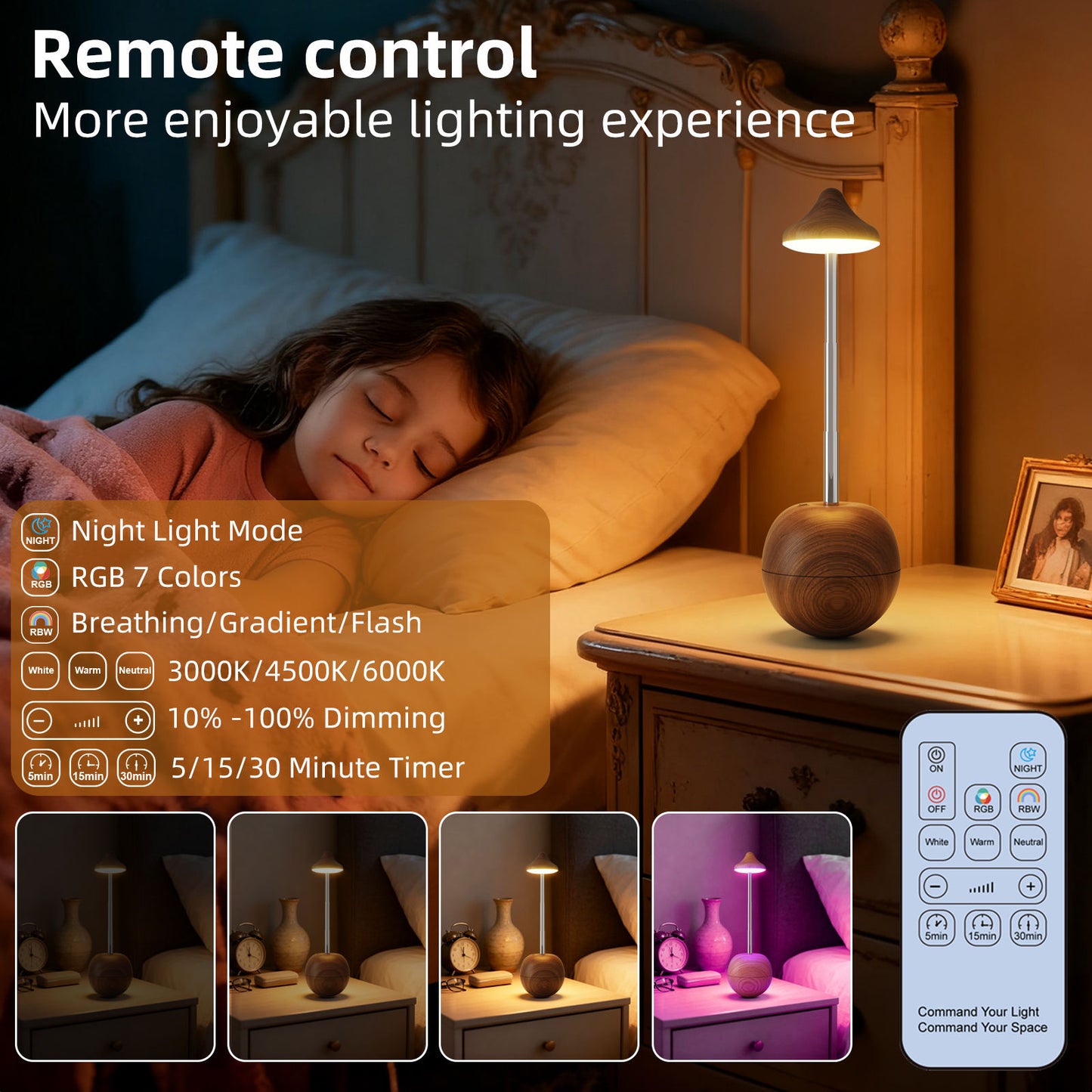 Height adjustable bedside LED lamp with touch control and RGB mood lighting for living room