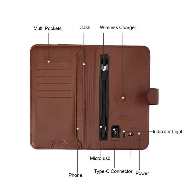 WhirlBD PU leather wallet with integrated wireless power bank and card holder, featuring multiple compartments for cards and cash.