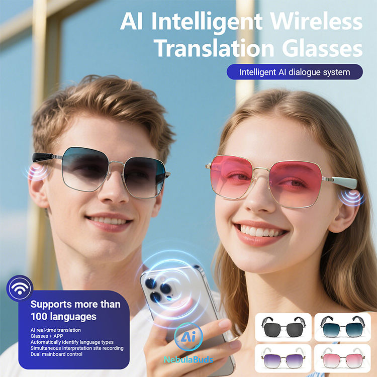 Two people wearing AI Intelligent Wireless Translation Glasses with product details on a blue sky background.
