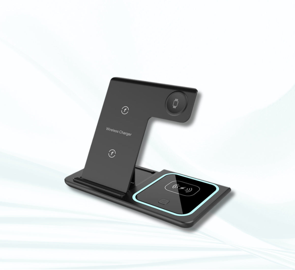 WhirlBD 3-in-1 wireless charger and phone stand with space for charging a smartwatch and earbuds on a sleek black charging station.
