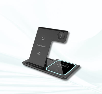 WhirlBD 3-in-1 wireless charger and phone stand with space for charging a smartwatch and earbuds on a sleek black charging station.