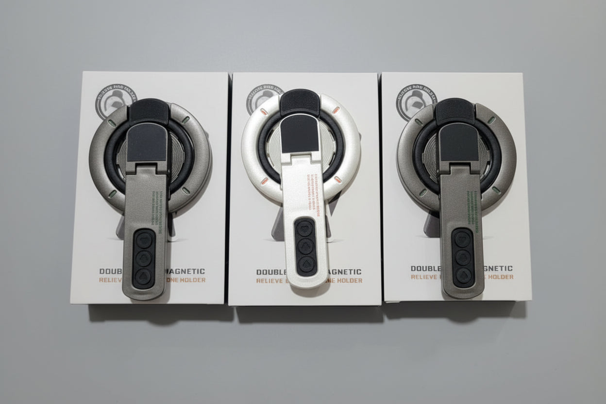 WhirlBD double-sided magnetic phone holder mounted on a car dashboard, holding a smartphone securely for hands-free use.