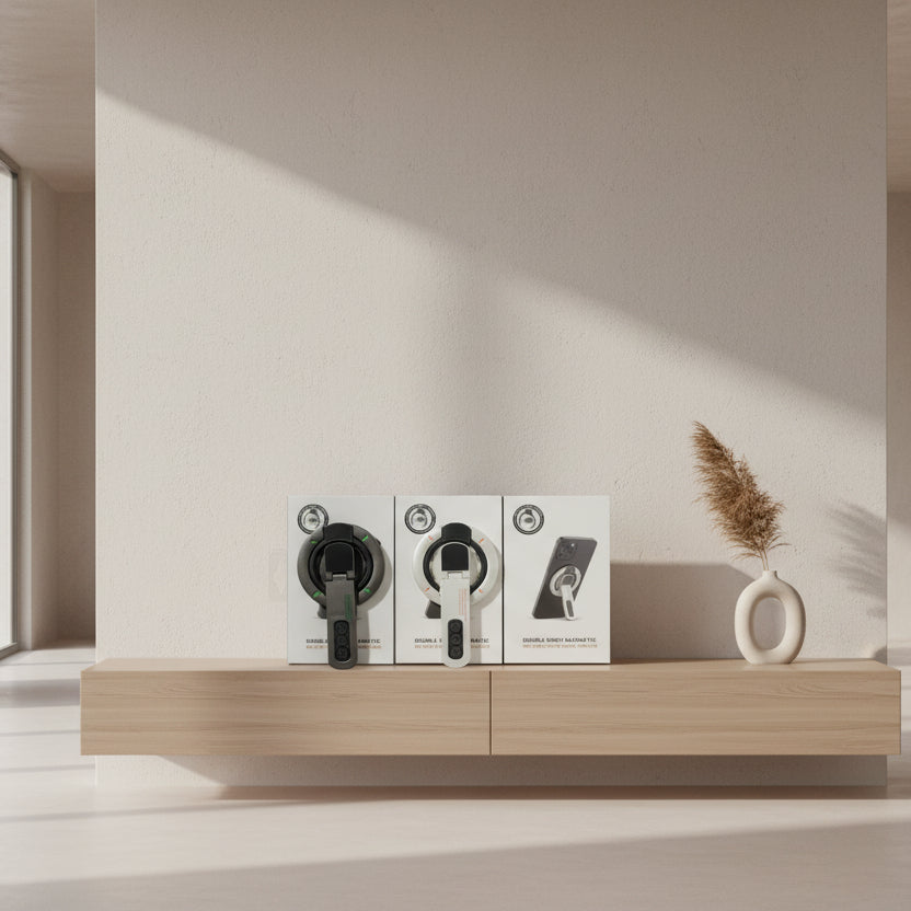 WhirlBD double-sided magnetic phone holder mounted on a car dashboard, holding a smartphone securely for easy access.