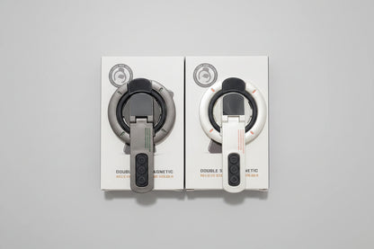 WhirlBD double-sided magnetic phone holder mounted on a car dashboard and desk, holding a smartphone securely.