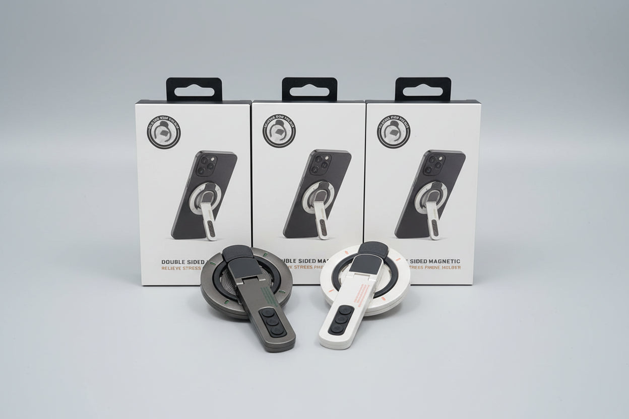 WhirlBD double-sided magnetic phone holder mounted on a car dashboard, holding a smartphone securely for easy viewing.