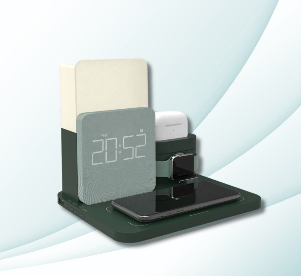 WhirlBD 6-in-1 wireless charger with LED light and clock, showing white and gray design on a modern smart home station.