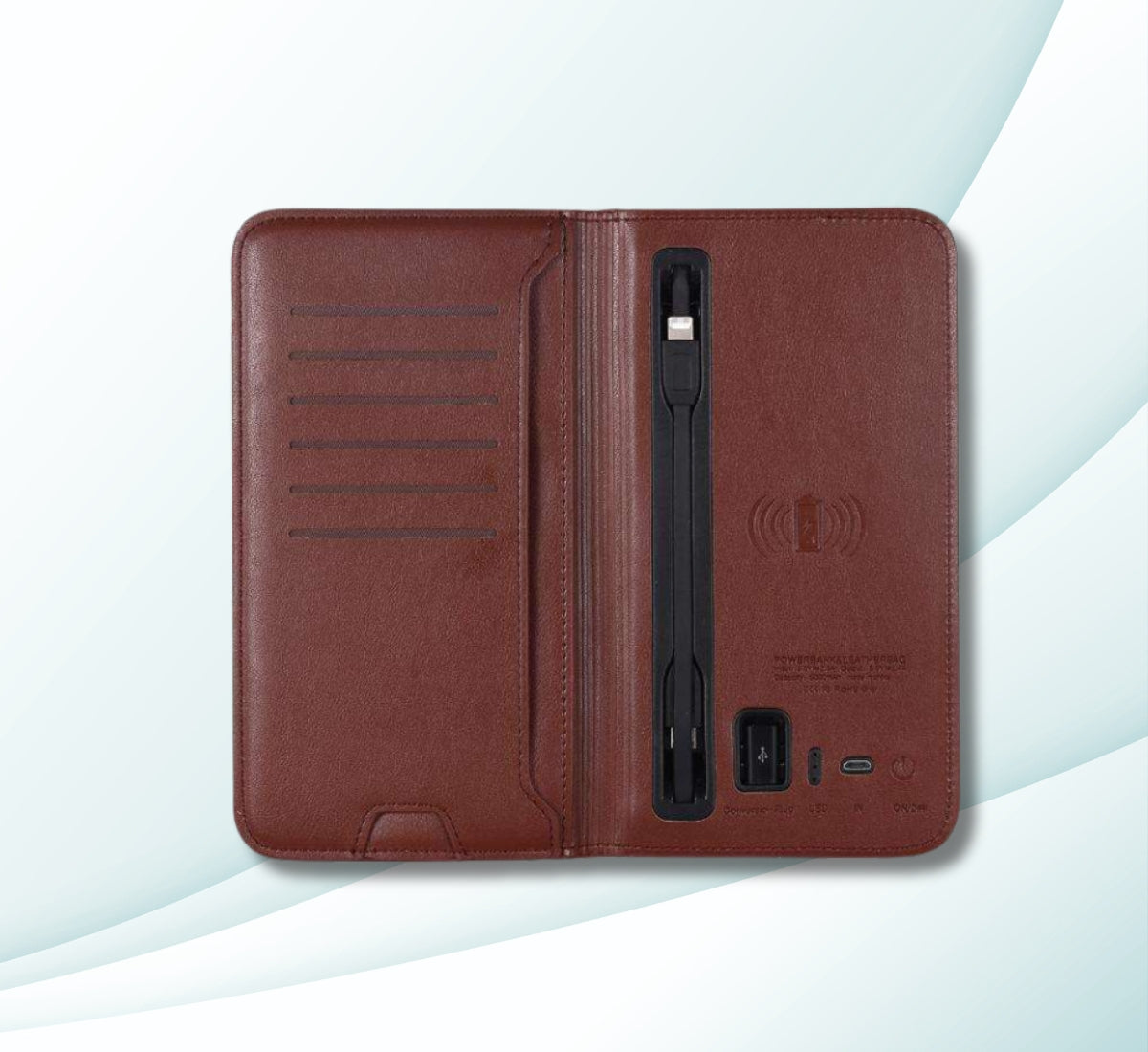 White and gray PU leather wallet with built-in wireless power bank and card holder, displayed on an advertising podium.