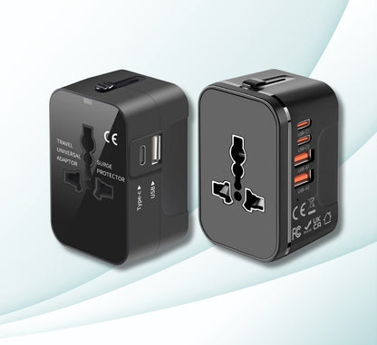 White and gray WhirlBD universal travel adapter with multiple plug options, designed for worldwide use on a clean watch display.
