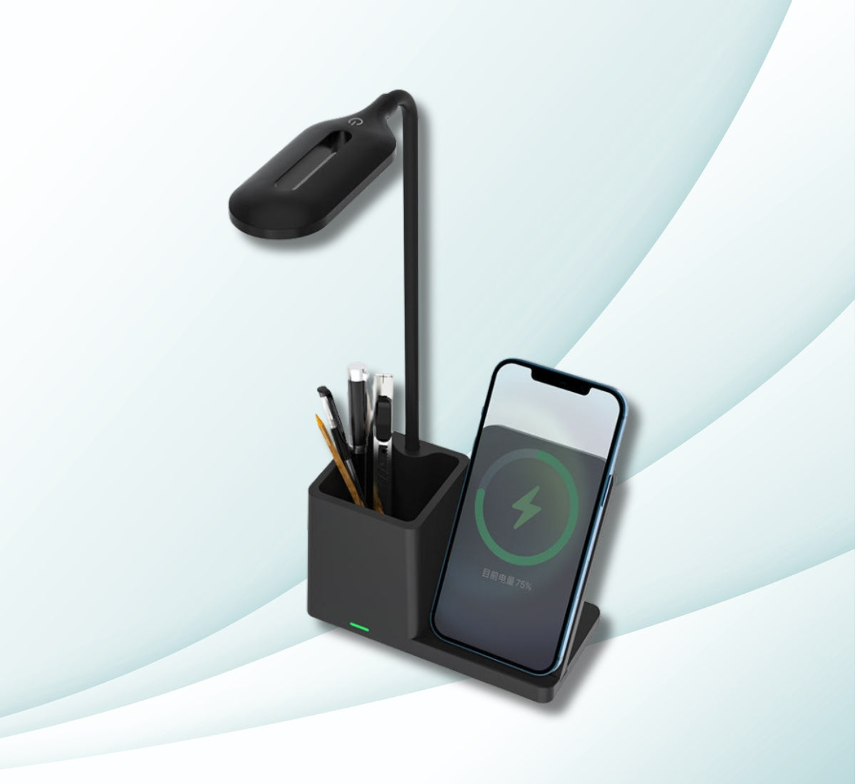 WhirlBD 15W wireless charger with integrated pen holder and desk lamp, compatible with iPhone and other Qi-enabled devices.