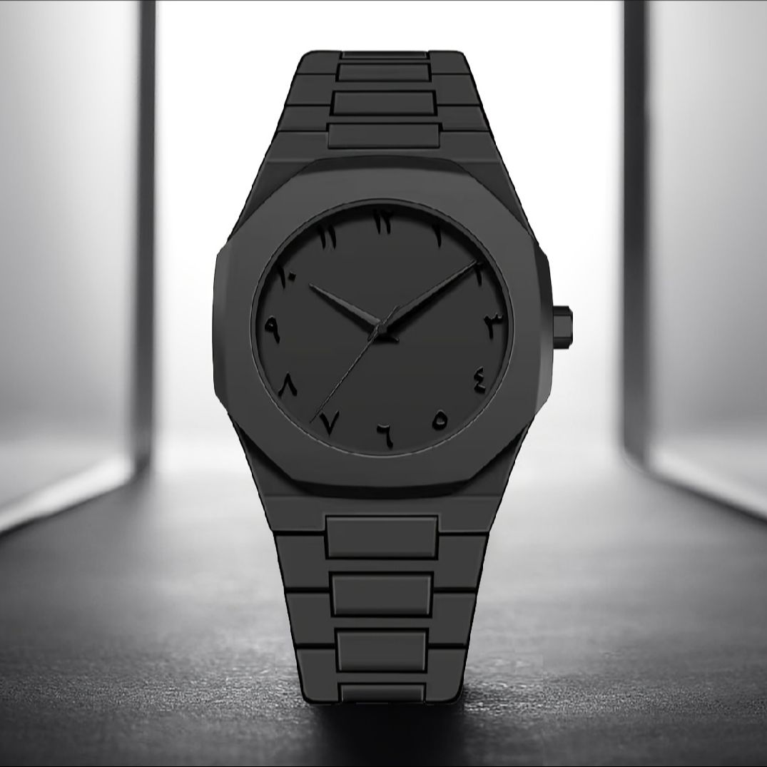 Black Arabic dial quartz men's wristwatch by WhirlBD, 3ATM waterproof design with sleek black strap and classic time display.